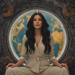 an attractive young lady sits in front of the world