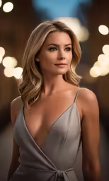 a blonde woman with a grey dress and a string of lights