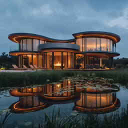 there is a modern house that is on top of a lake