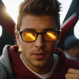 a man in a hoodie wearing sunglasses and holding his hands up to his face