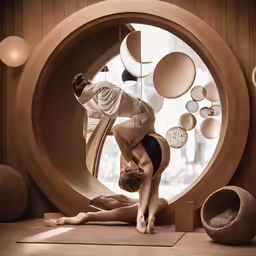 a woman doing yoga in front of a circular window