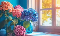 two vases of colorful flowers are sitting by the window