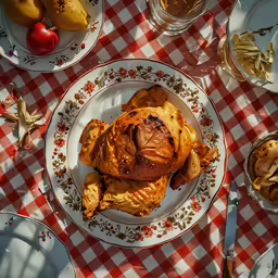 a plate with a piece of turkey sits on a table that is covered with other plates and utensils