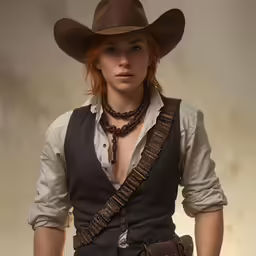 the woman is dressed up and wearing a cowboy hat