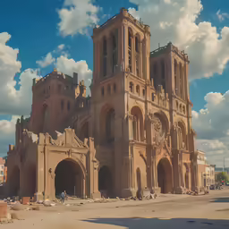 a cathedral in a desert near other buildings