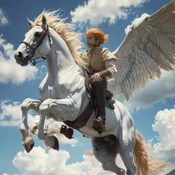 a woman sits on top of a white horse with large wings
