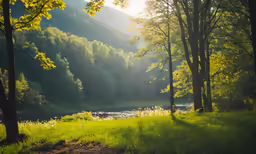 the trees are full of green vegetation near a river