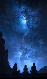 a group of people sit in front of a view of the night sky