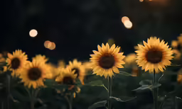 a sunflower field with lights reflecting off of the sun