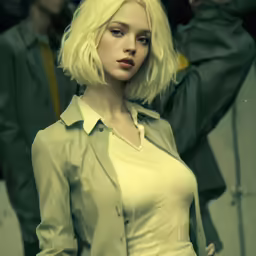 a model with long blonde hair, wearing a white blouse