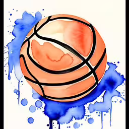 a watercolor painting of a basketball ball on a blue splotter,painting of a basketball painted on white paper