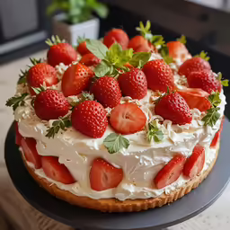 a cake with white frosting and fresh strawberries on top