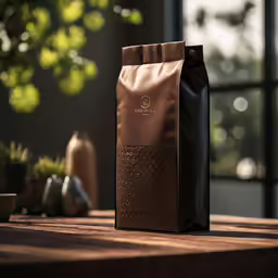 a coffee bag sitting on a table by a window