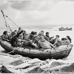 men are on an inflatable raft near the ocean
