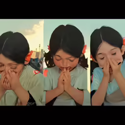 a little girl that is sitting down with her hands together