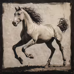 a drawing of a running horse on a sand field