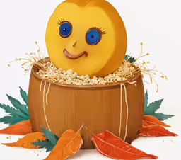 an image of a cartoon chick in an apple plant,a sculpture of a face in a wooden bowl with leaves