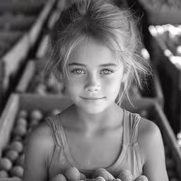 a young girl holding two little balls and smiling,black and white photo of young girl holding basket of fruit