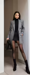 a beautiful young woman standing next to a wall wearing tight black boots