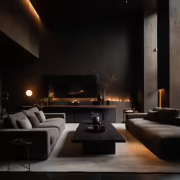 a couch and table are in the dark room