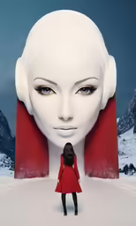a woman with a weird head dress and a red scarf