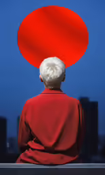 a person sitting on top of a bench with red balloon head