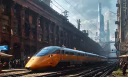 an orange bullet train on a set of tracks in front of buildings,a passenger train that is going down the tracks