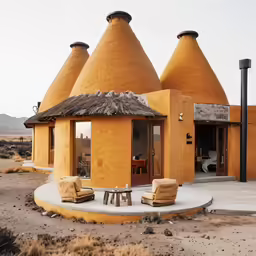 two small houses made out of concrete and clay in the desert
