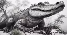 the statue of an alligator is in a wooded area