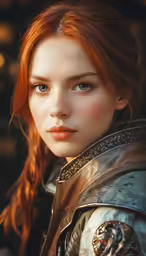 a girl with red hair and blue eyes looks into the camera
