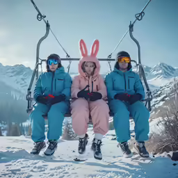 three people sitting on a ski lift wearing bunny ears