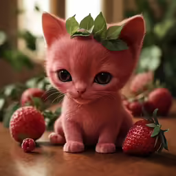 a small kitten is sitting on a table with strawberries