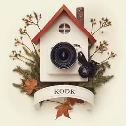 a camera is next to a house with a banner