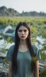 a young girl with long dark hair and a green shirt