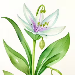 a watercolor drawing of a flower with green leaves