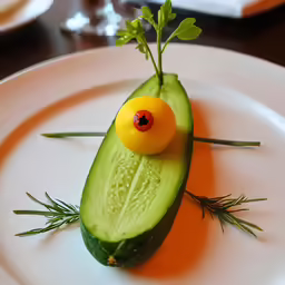 a piece of cucumber with a yellow eye on top