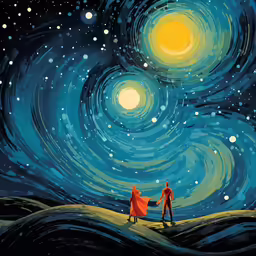 two people stand in the distance while looking at the stars