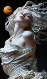 woman with wavy hair blowing in wind and moon