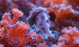 there is a young woman standing among orange flowers