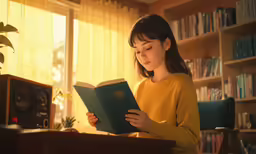 a young girl is reading a book at her desk