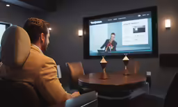 a man watching something on a big screen in a conference room