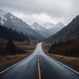 a long stretch of road with snow capped mountains behind it