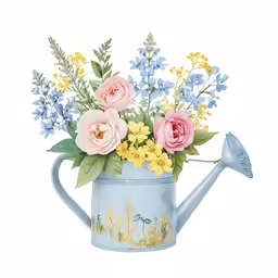 a watering can with various flowers in it