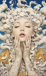 a beautiful woman in a golden dress with a dragon head on