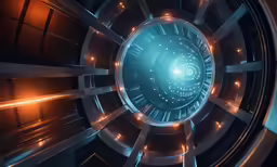 the inside of an artificial telescope with lights at the end