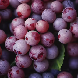 purple berries are displayed with water droplets and green leaves