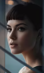 a young woman looking out the window, and posing for a portrait