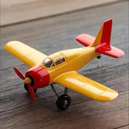 a toy yellow plane is on the floor