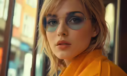 a woman with glasses that are on her face