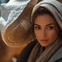woman with a large straw hat and scarf posing for photo